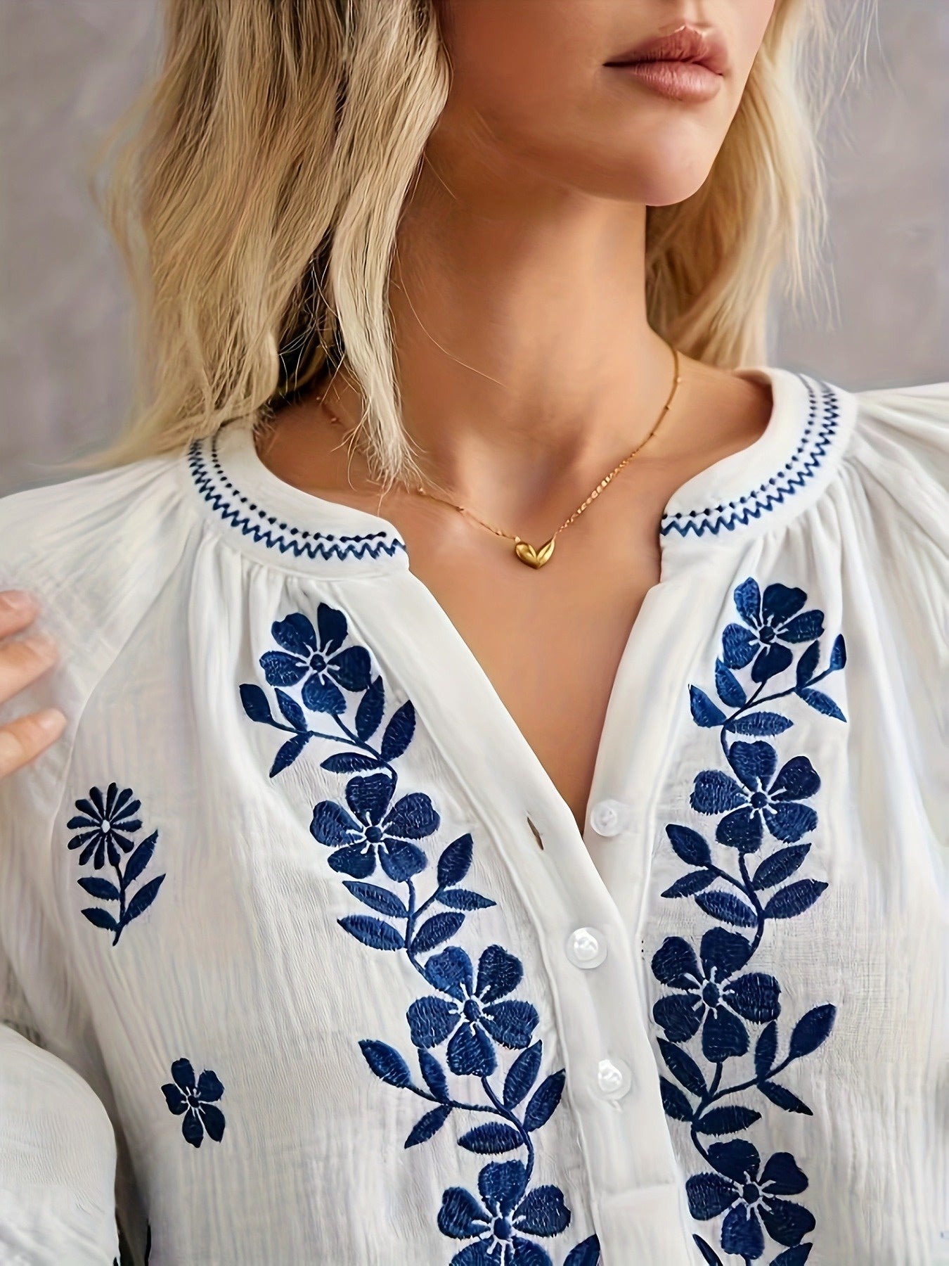 Women's Embroidered Blouse with Balloon Sleeves
