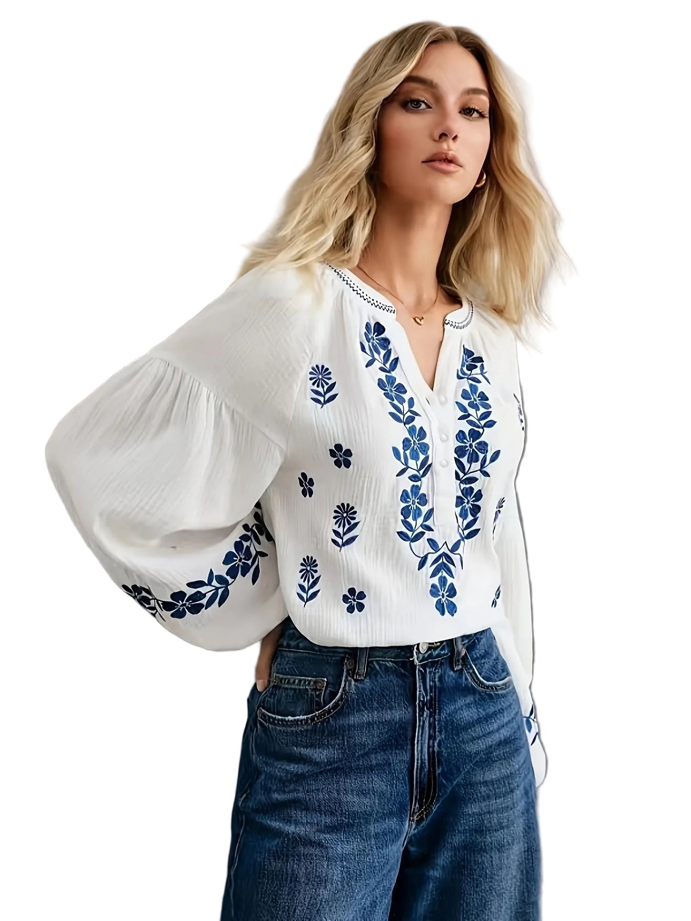 Women's Embroidered Blouse with Balloon Sleeves